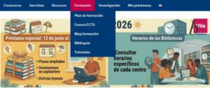 Imagen de la página web de la Biblioteca Universitaria con enlace al apartado de Formación (Plan de formación)